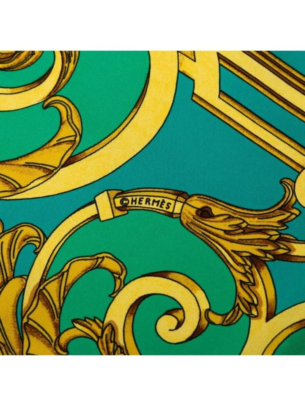 Hermes Carre 90 les Tuileries Roulis Park Scarf Green Gold Silk